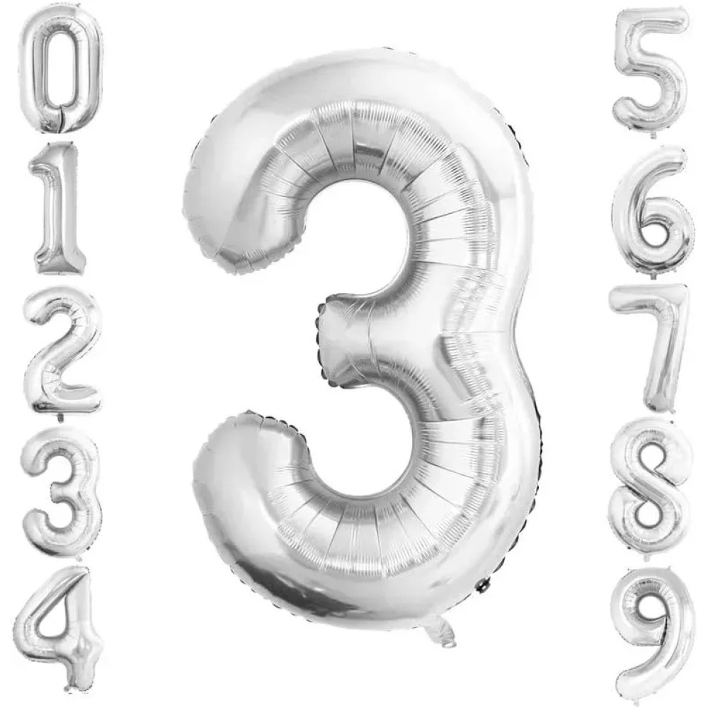Фольгована цифра Китай під гелій (70 см) - "3" (срібло)
