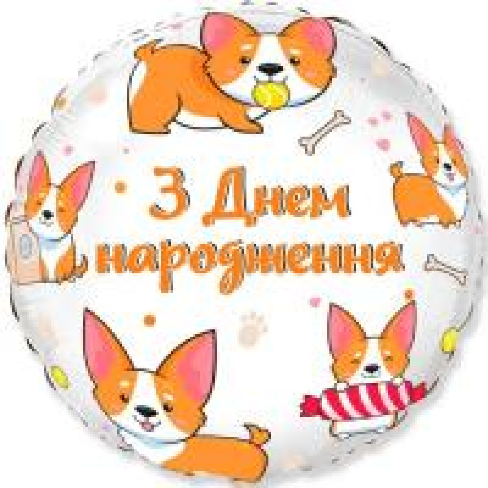 Фольгована кулька (коло) Flexmetal З днем народження Собачки Коргі 18" 15262 - 0