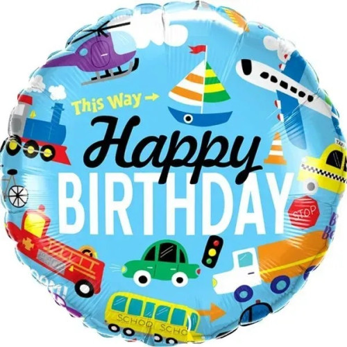 Фольгована кулька коло Happy birthday для хлопчика, транспорт 18" 13581