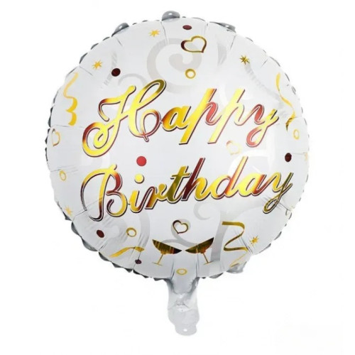 Фольгована кулька коло Happy birthday золотий напис на білому, конфетті 18" 13578