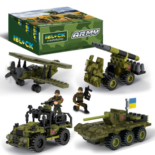 Конструктор IBLOCK PL-921-425 (48ш) 6 диспл. по 8шт  Армія, 83-140дет., 4вида, р-р уп-ки 22*4,5*14см, р-р дисп.бокс. 44,2*19,5*14,5см