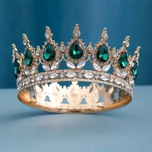 Корона металева з піками золото з зеленим камінням 12,5x5,5 см 15448