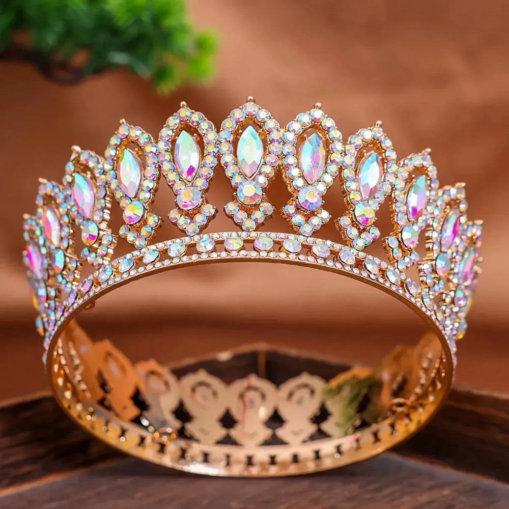 Корона в стилі барокко металева золота з білим камінням 12,5x5 см 15002
