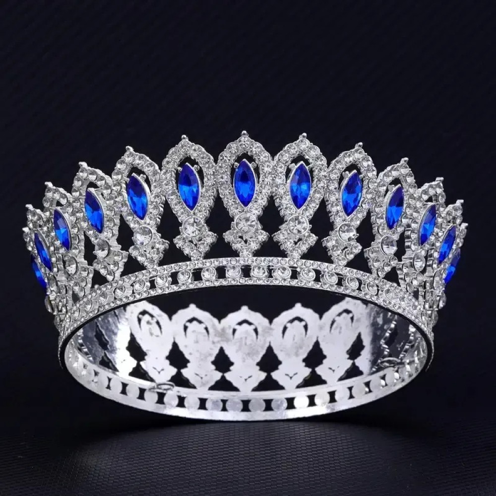 Корона в стилі барокко металева срібна з синім камінням 12,5х5 см 15444