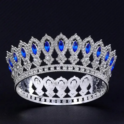 Корона в стилі барокко металева срібна з синім камінням 12,5х5 см 15444