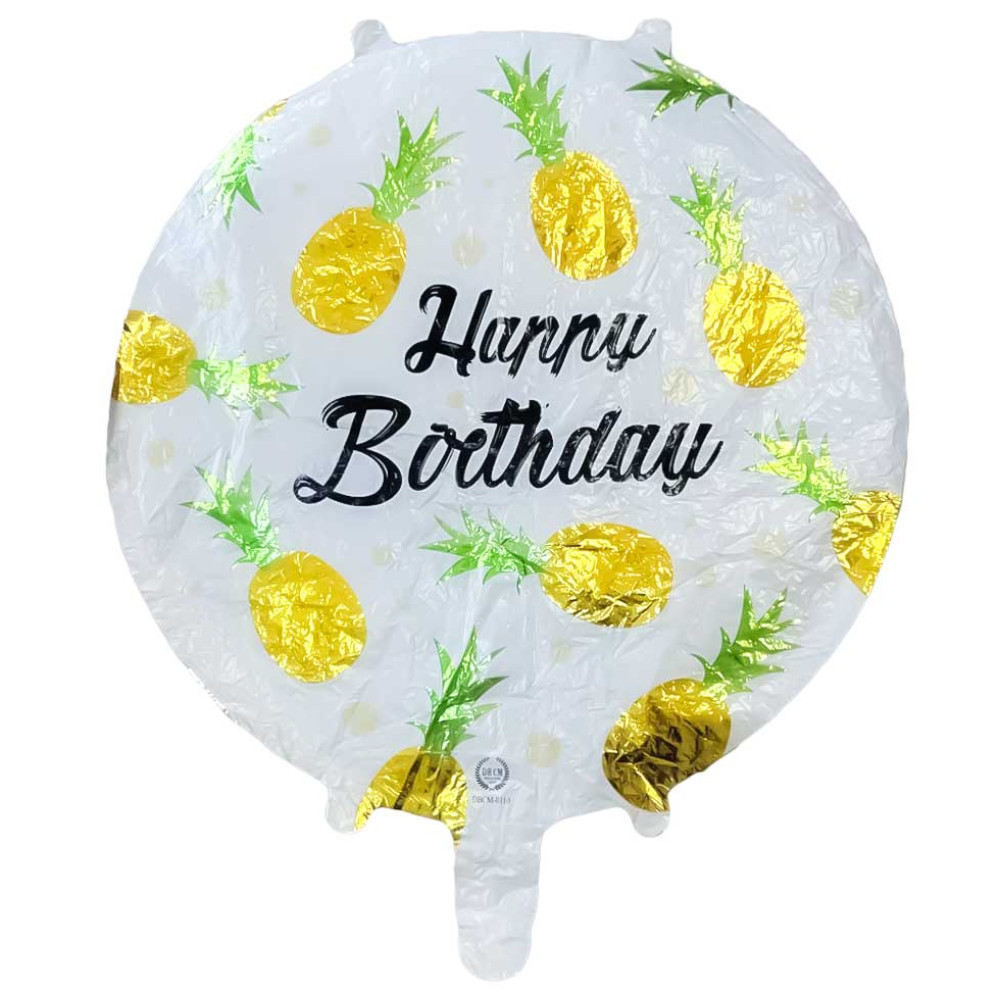 Куля фольгована "Happy Birthday" ананаси золоті