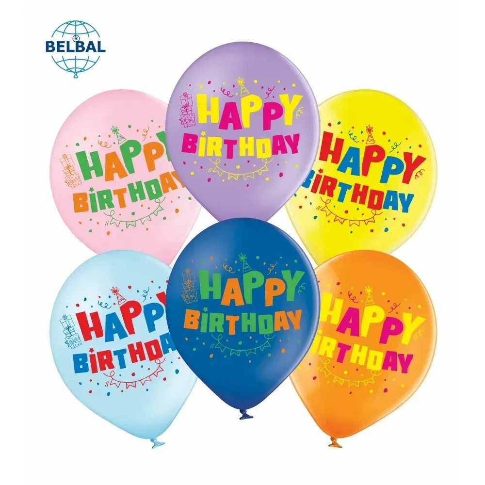 Латексні кульки Belbal Веселе свято "Happy birthday", мікс,