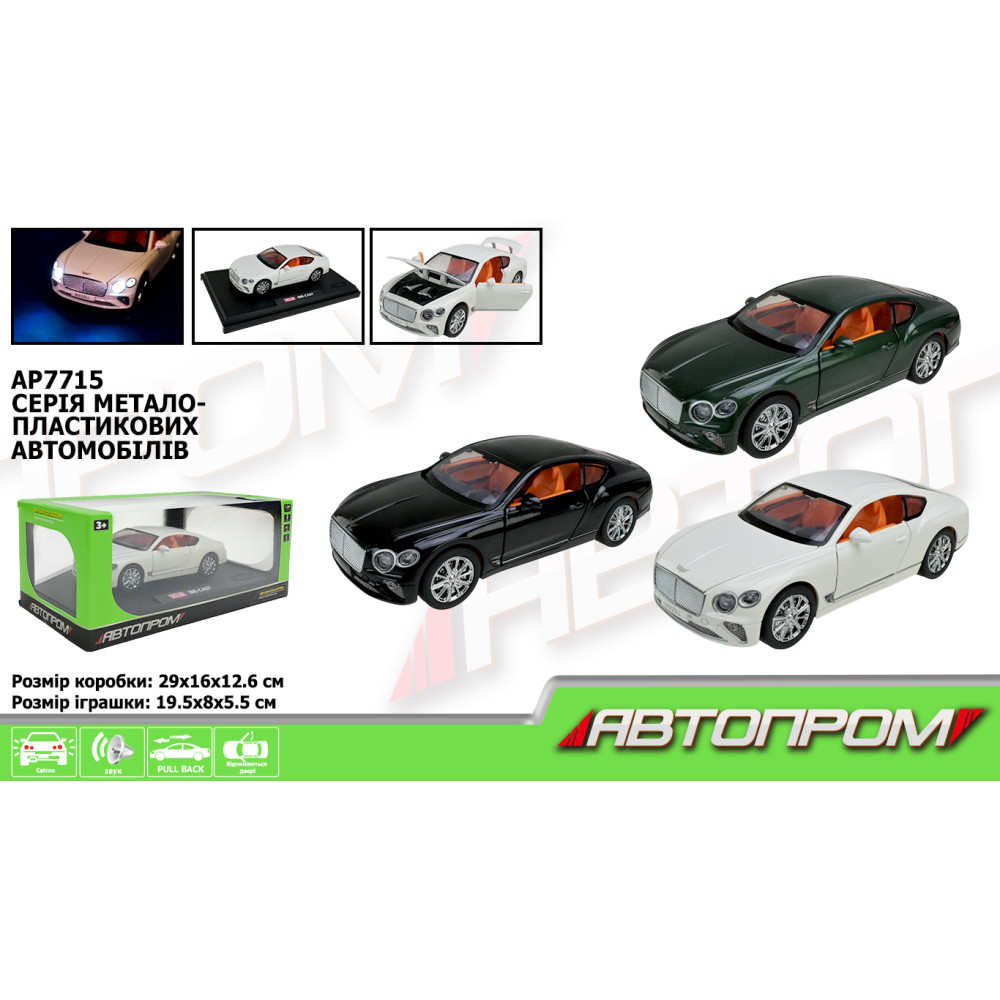 Машина мет. АВТОПРОМ арт. AP7715 (12шт) 1:24,3 кольори, батар, світ., звук, двері відкр., в короб.29*16*12,6см