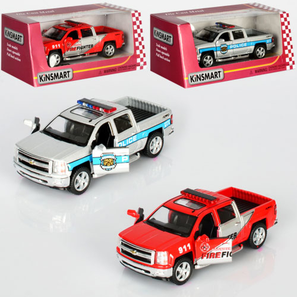Машинка KT5381WPR, метал, інер-я, 1:46, відкр. дв, рез. колес, 2 види (поліція, пожежники), в кор