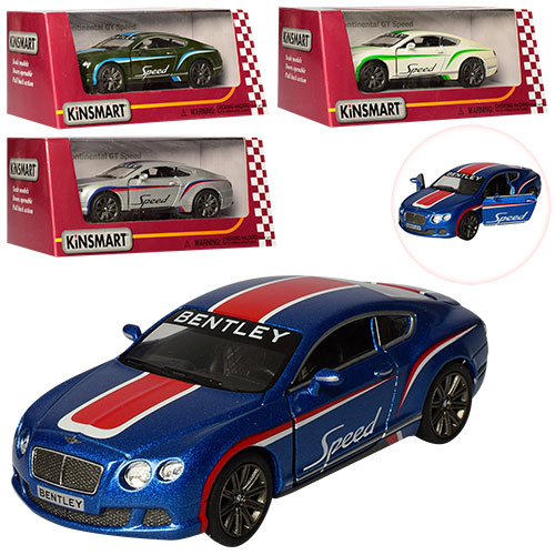 Машинка металева KINSMART інер-а, Bentley Continental GT Speed, 1:38, відч двері, гум колеса, 4 кольори, в коробці