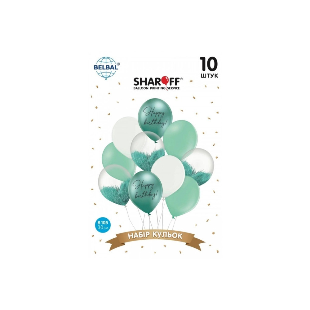 Набір латексних куль Sharoff "Happy Birthday" Тіффані + білий (10 шт) 11414