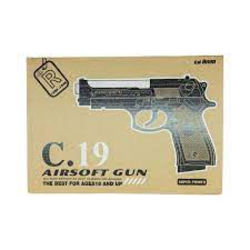Пістолет C19 (24шт) металл, на пульках, 17см, в кор-ке, 21-15-4,5см