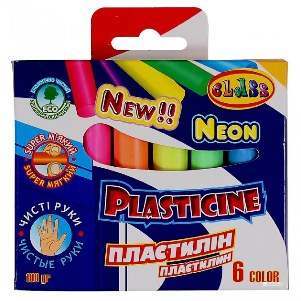 пластилін "Чисті руки" 6кол., ECO, NEON, 100гр., 7630, CLASS