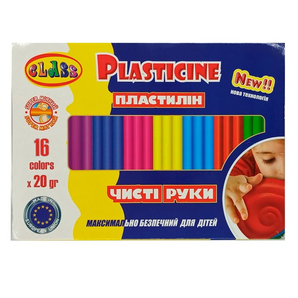 Пластилін CLASS Чисті руки MAXI ECO 16 кольорів 20 г (7647С)
