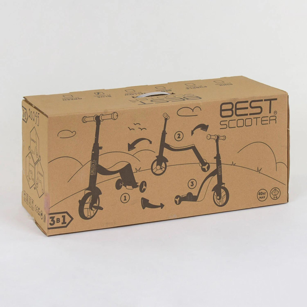 Самокат 3в1 JT 10181 Best Scooter, самокат-велобіг-велосипед, світло, 8 мелодій, колеса PU, переднє колесо d = 20 см, задні d = 11 см - 0