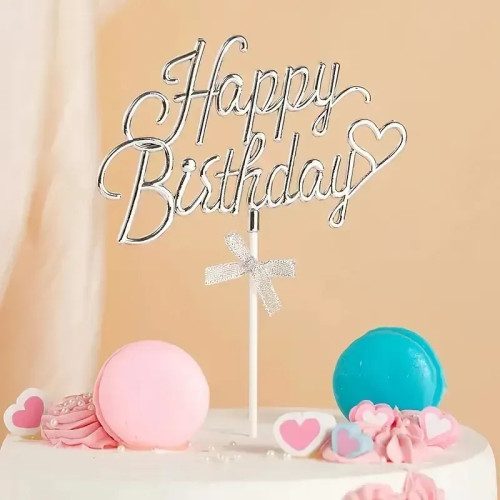 Топер для торта Happy Birthday серце срібло
