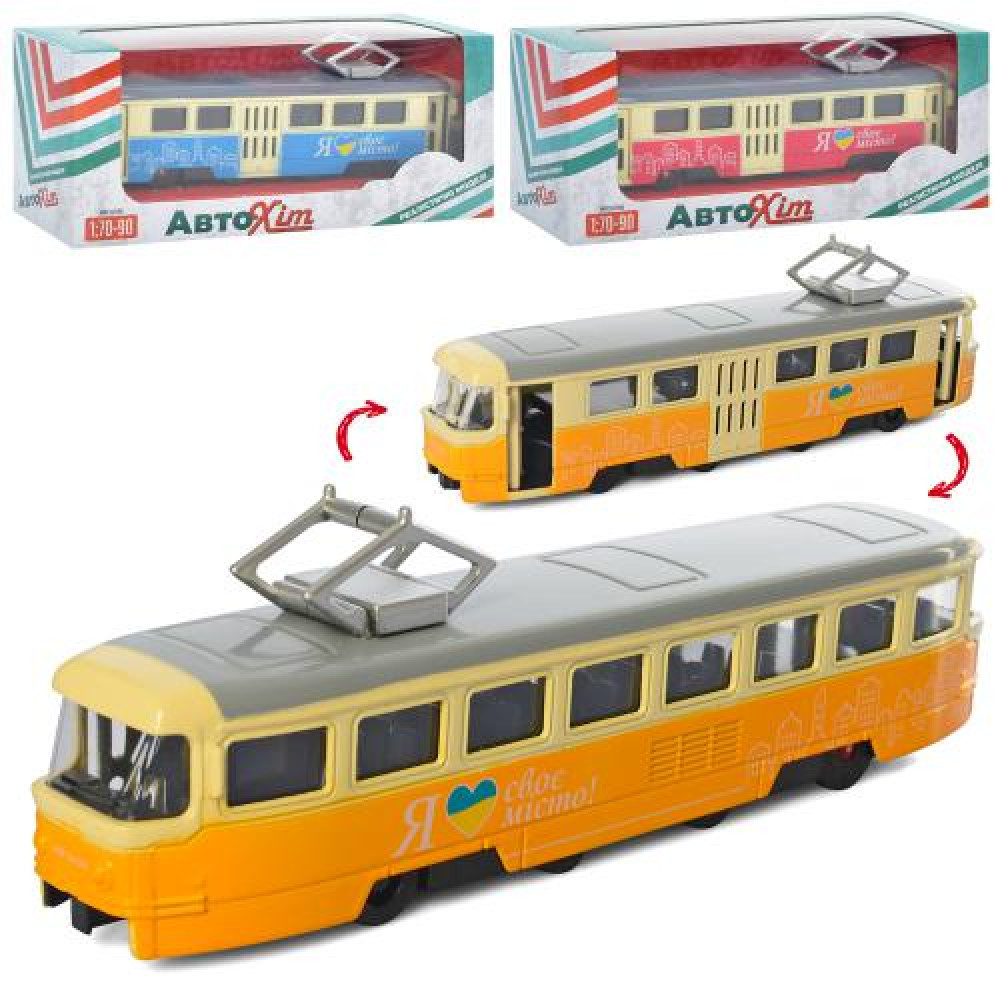 Трамвай M 5660 (60шт) металл,1:70, инер-й, 18,5см,открыв. двери, 3цв, в кор-ке, 19,5-7,5-5,5см - 0